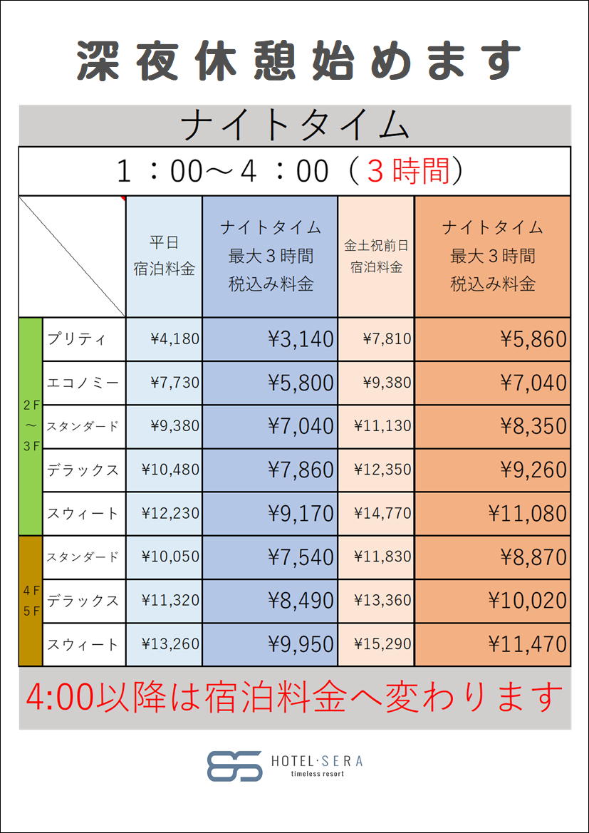 ナイトタイム始めました 鹿児島ホテルセラ Hotel Sera 女子会やビジネス利用も可能なレジャーホテル